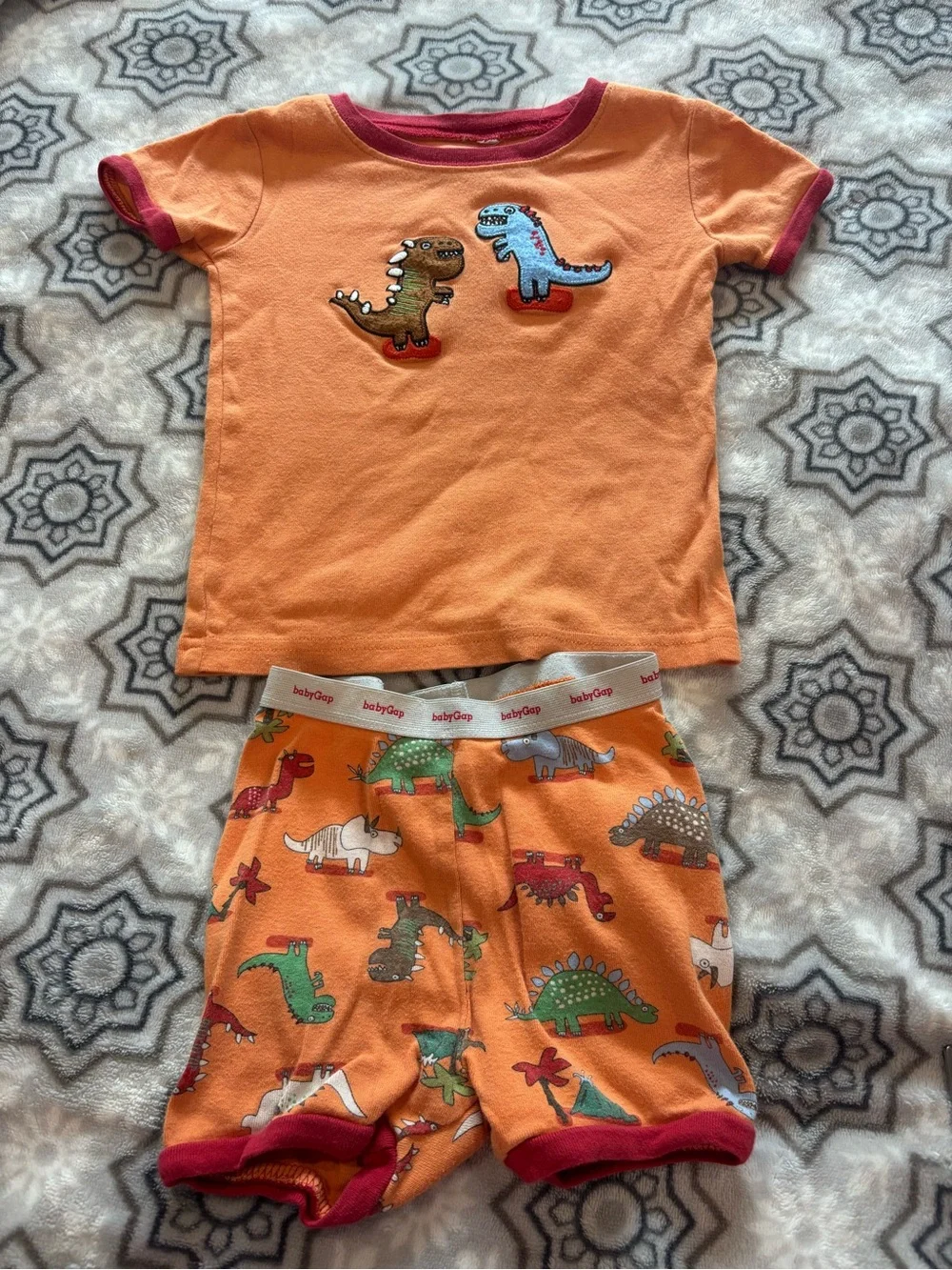 Vintage Y2K Baby GAP Orange Dinosaur Pajama Set with Red Trim 100% Cotton